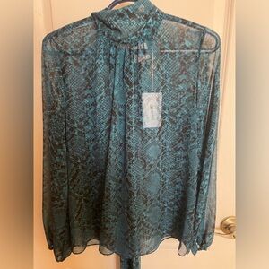 Misa Los Angeles Lulu Blouse Womens Large Blue Mock Bow Long Sleeve Chiffon